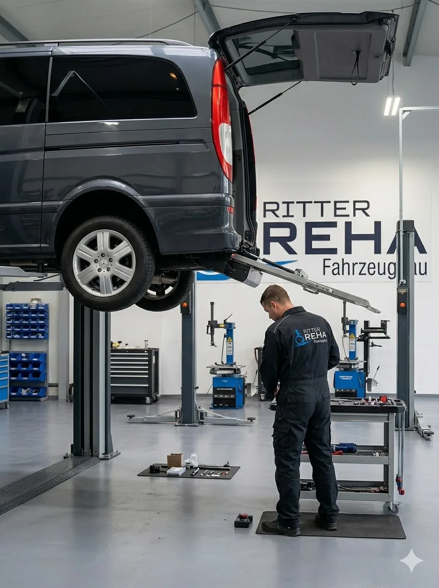 Werkstatt von Ritter Reha Fahrzeugbau mit Fahrzeug auf der Hebebühne