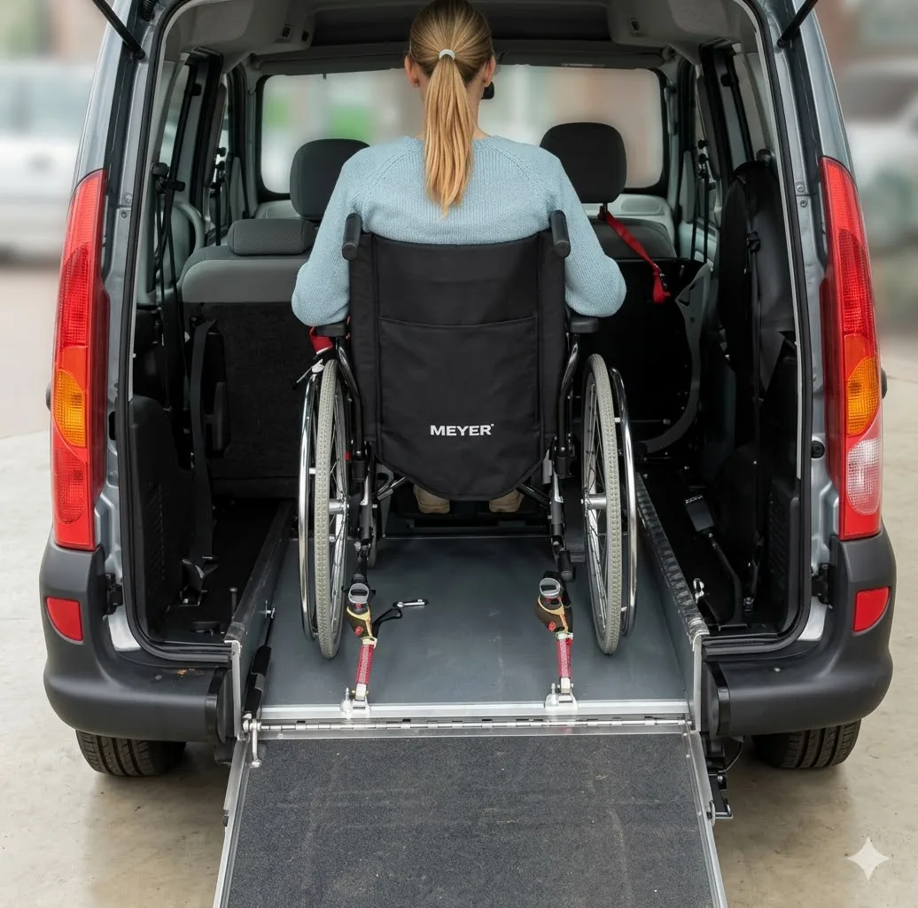 Rollstuhlfahrerin im Heck eines Fahrzeugs, der Rollstuhl ist mit Gurten am Boden gesichert